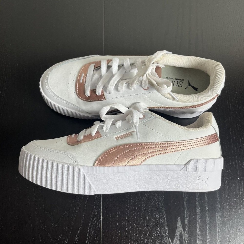 PUMA Womens Size 9.5 Carina Lift Metallic Sneakers in White/Rose Gold NEW w/FLAW